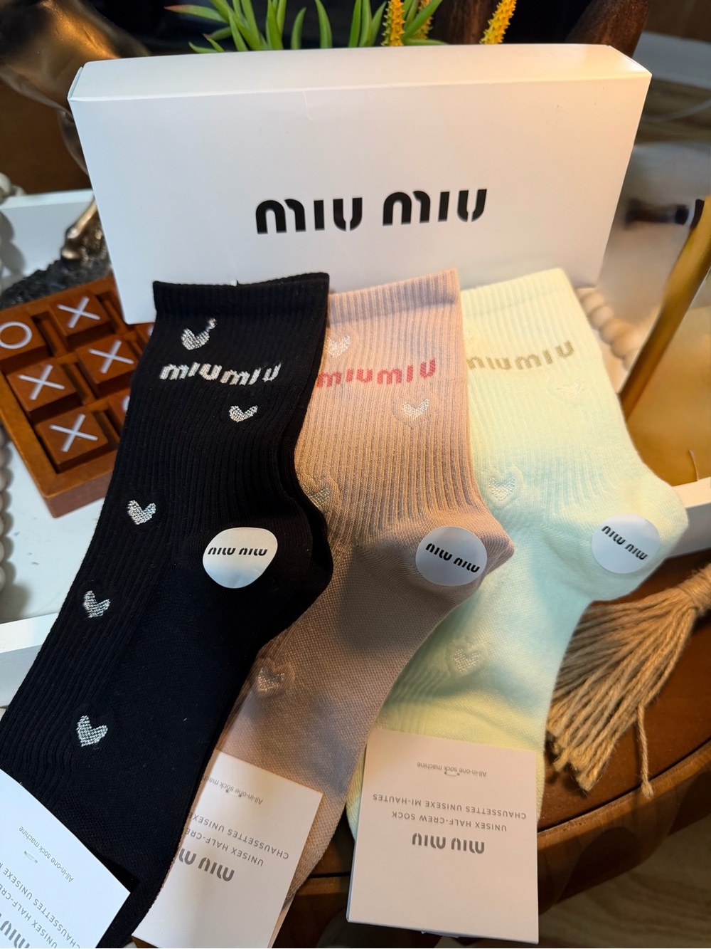 Miu Miu Women's Heart Crew Socks - Black, Pink, Mint